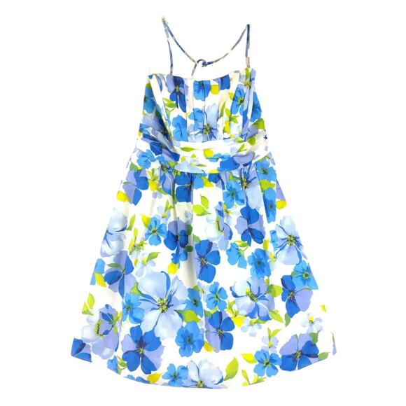 David's Bridal Blue White Floral Taffeta Strapless A-Line Dress, Missy Size 14 - Picture 1 of 6